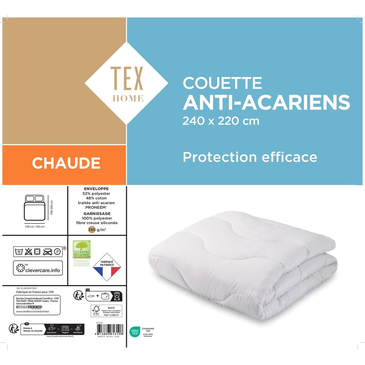 Tex Home Couette Chaude Anti-acariens 240x220cm Proneem