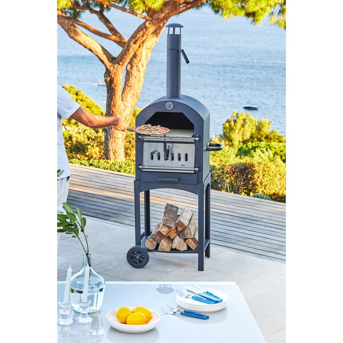 HYBA Four à Pizza au Bois ou Charbon de bois Multifonction pour Extérieur sur Roues Bari