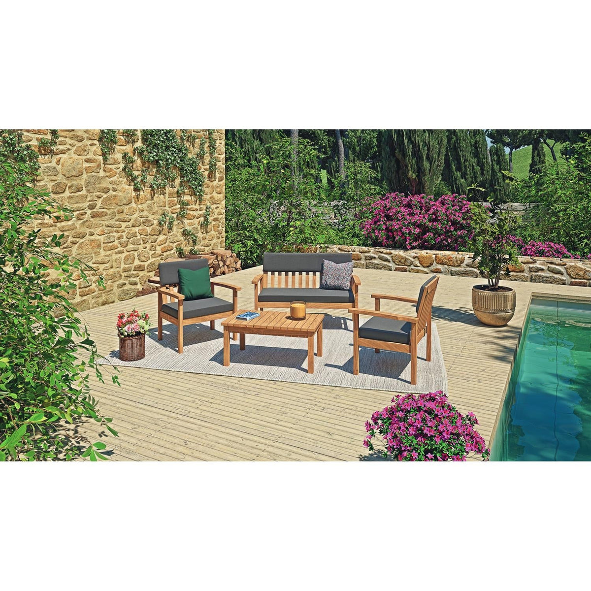 HYBA Salon de Jardin Bas en Bois Acacia 4 pièces Java