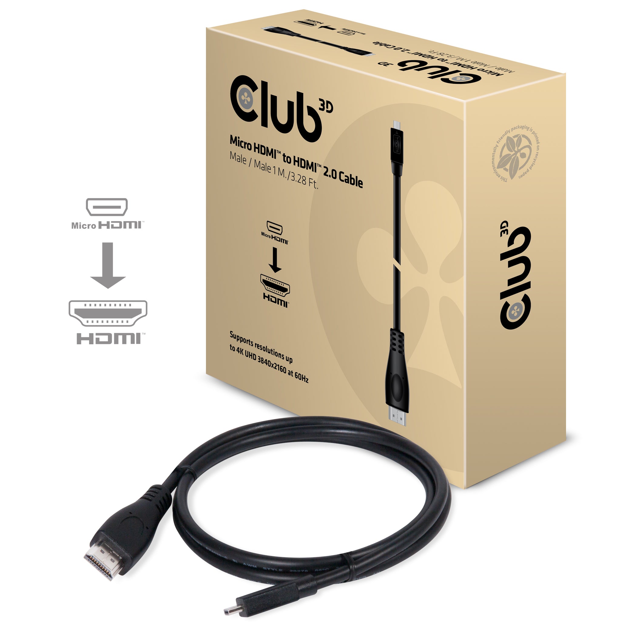 CLUB3D Micro HDMI™ to HDMI™ 2.0 4K60Hz Cable 1M / 3.28Ft