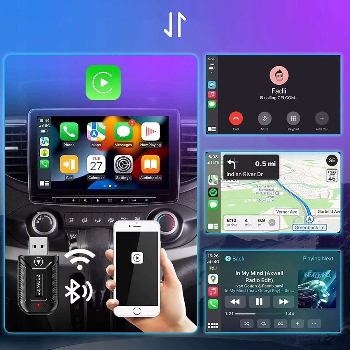 Mini-adaptateur CarPlay/Android Auto sans fil CarLink Audio USB/USB-C 10 m Zenwire M30