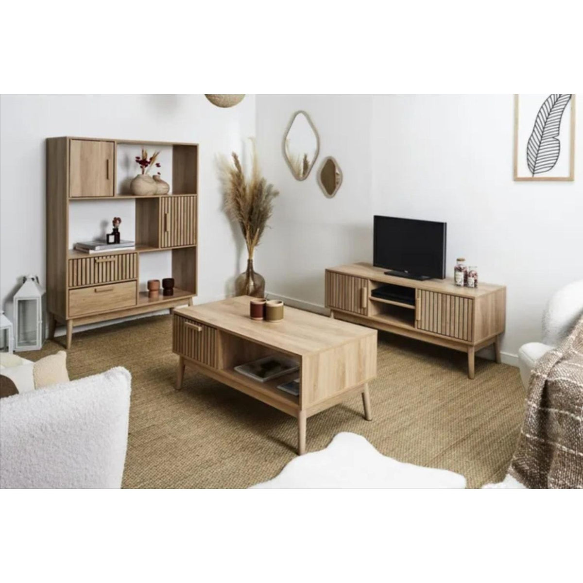 Home Deco Factory Table Basse avec Tiroir en Bois naturel Rainuré L100cm Klaus