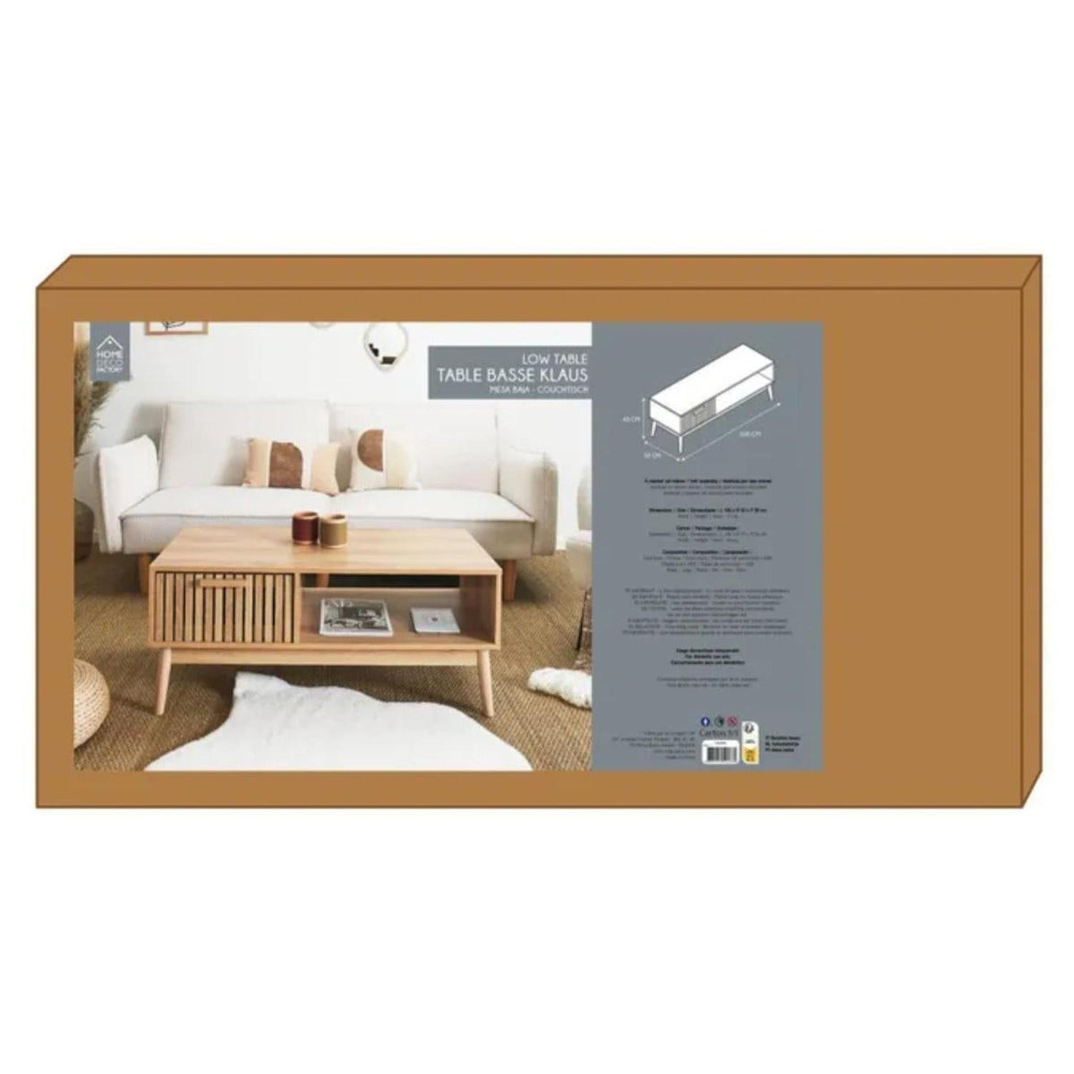 Home Deco Factory Table Basse avec Tiroir en Bois naturel Rainuré L100cm Klaus