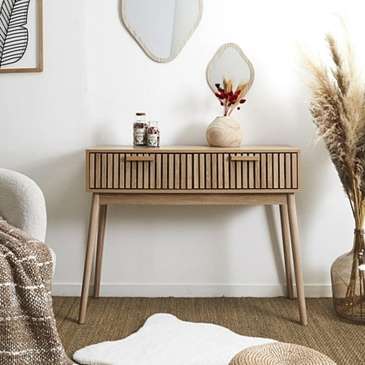 Home Deco Factory Console 2 Tiroirs en Bois naturel Rainuré L100cm Klaus