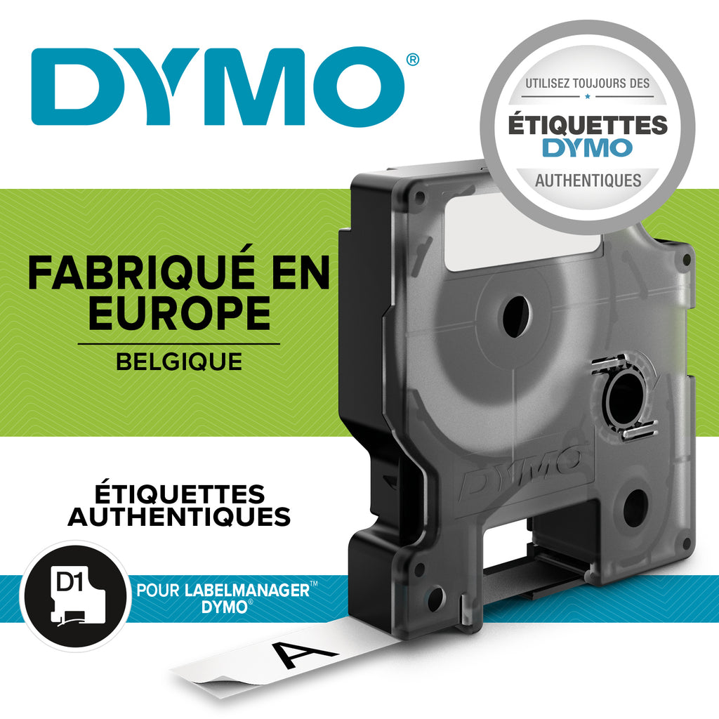 DYMO D1 étiquettes autocollantes authentiques de hautes performances en polyester | 6mm x 7m | impression en noir sur fond transparent | pour étiqueteuses LabelManager