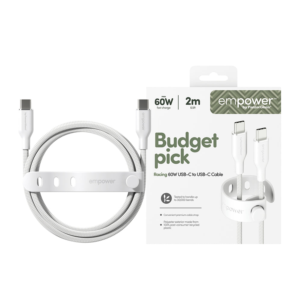 PanzerGlass empower™ by ® Racing 60W USB-C to USB-C Cable | USB 2.0 | 2M | Silver White câble USB Blanc