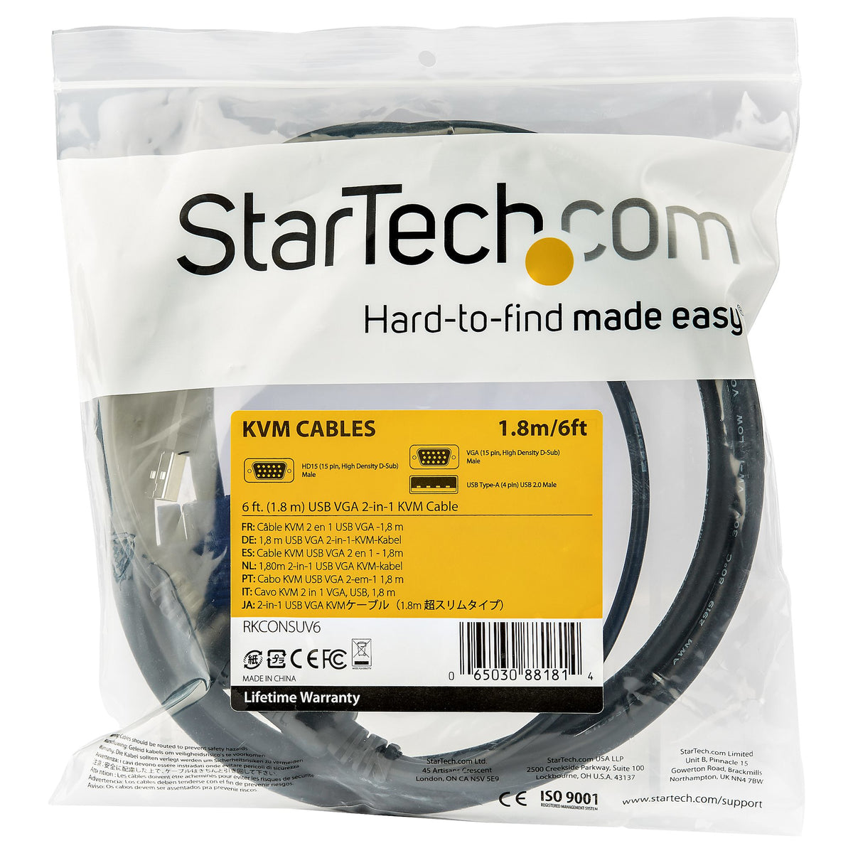 StarTech.com Câble KVM USB VGA 1,8 m pour Consoles et Switchs
