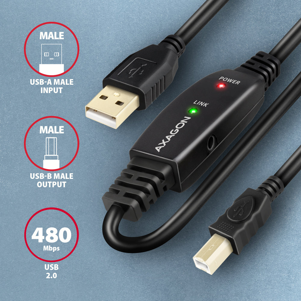 AXAGON USB 2.0 USB-kabel 15m Sort - vue 3