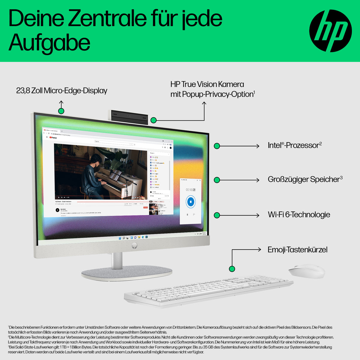 HP All-in-One Touch PC 24-cr0241ng, Écran Tactile 60,5 cm (23,8"), Intel Core i3 N300, 8GB RAM, 512GB SSD, Windows 11