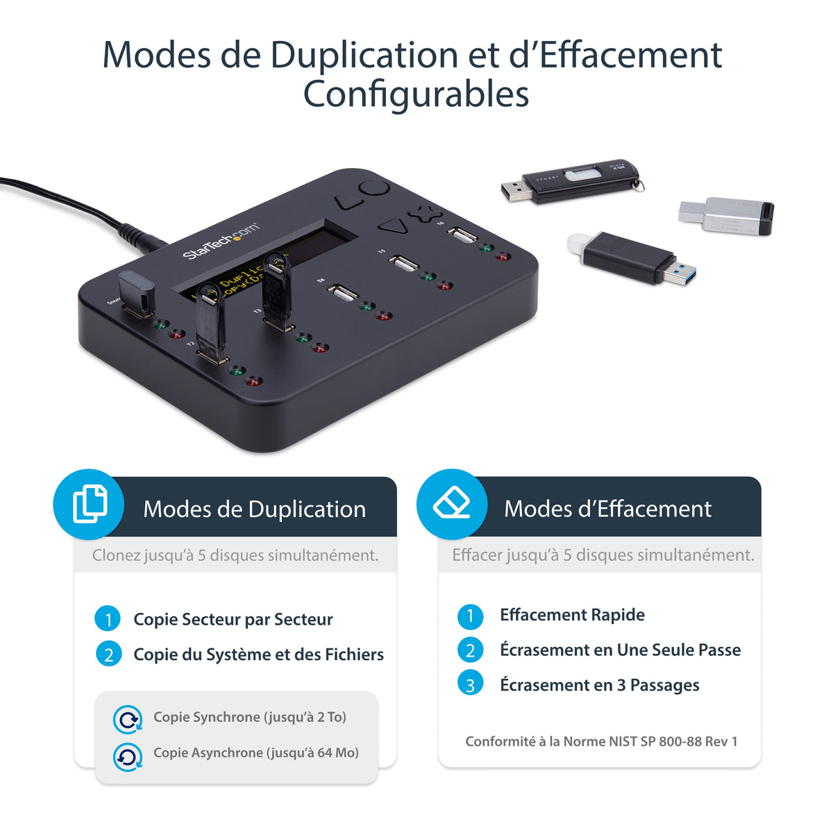 StarTech.com Duplicateur et Effaceur Autonome de 1 à 5 Clés USB USBDUP15, 1,5 Go/min, Affichage LCD