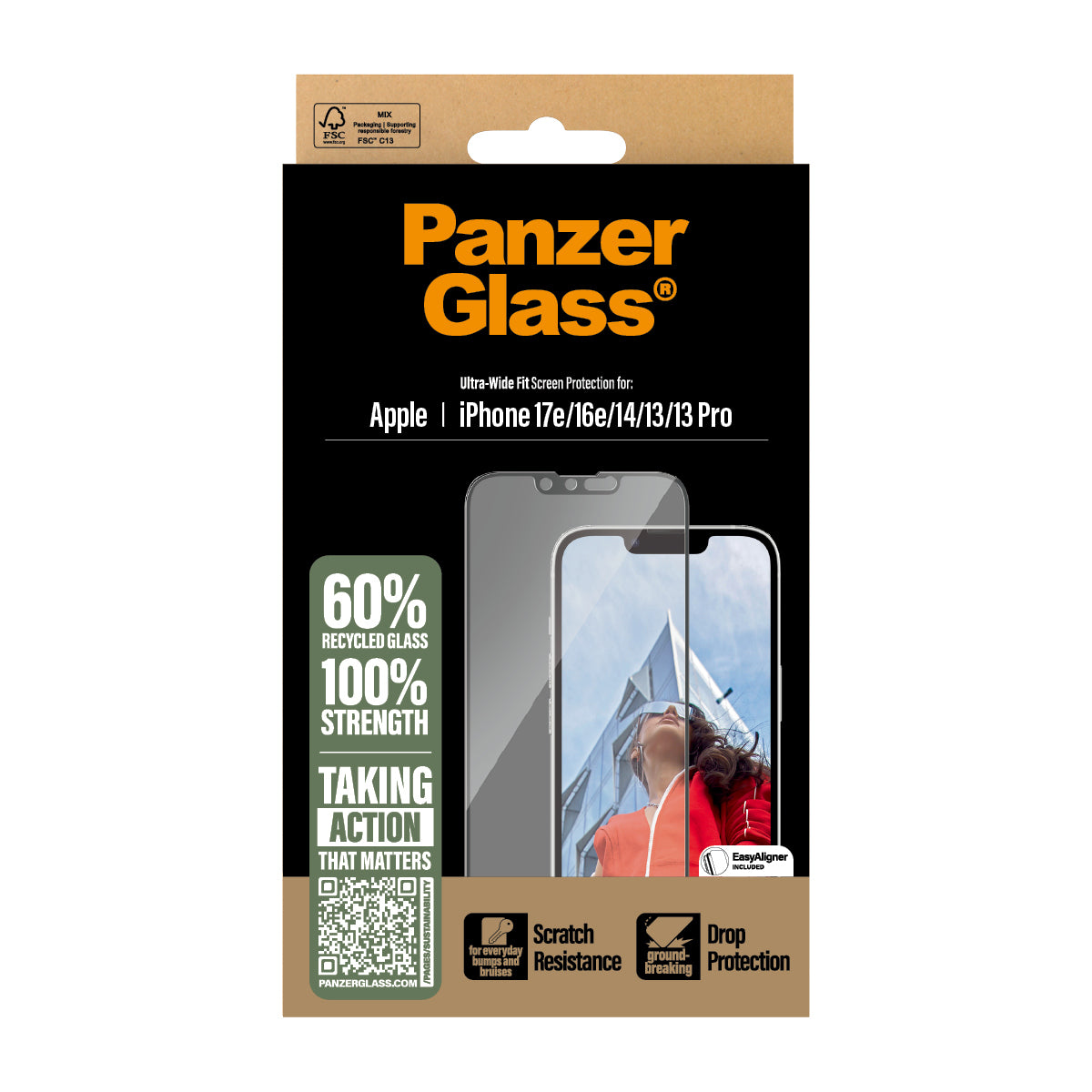 PanzerGlass ® Screen Protector iPhone 17e | 16e | 14 | 13 | 13 Pro | Ultra-Wide Fit w. EasyAligner Protection d'écran transparent Apple 1 pièce(s)