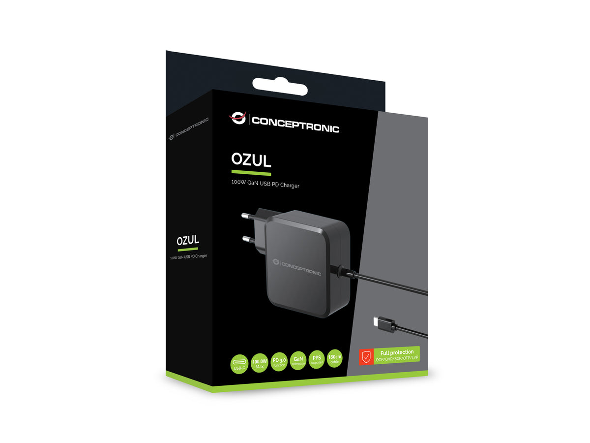 Conceptronic OZUL05BE Chargeur Universel Secteur GaN 100W USB-C Noir