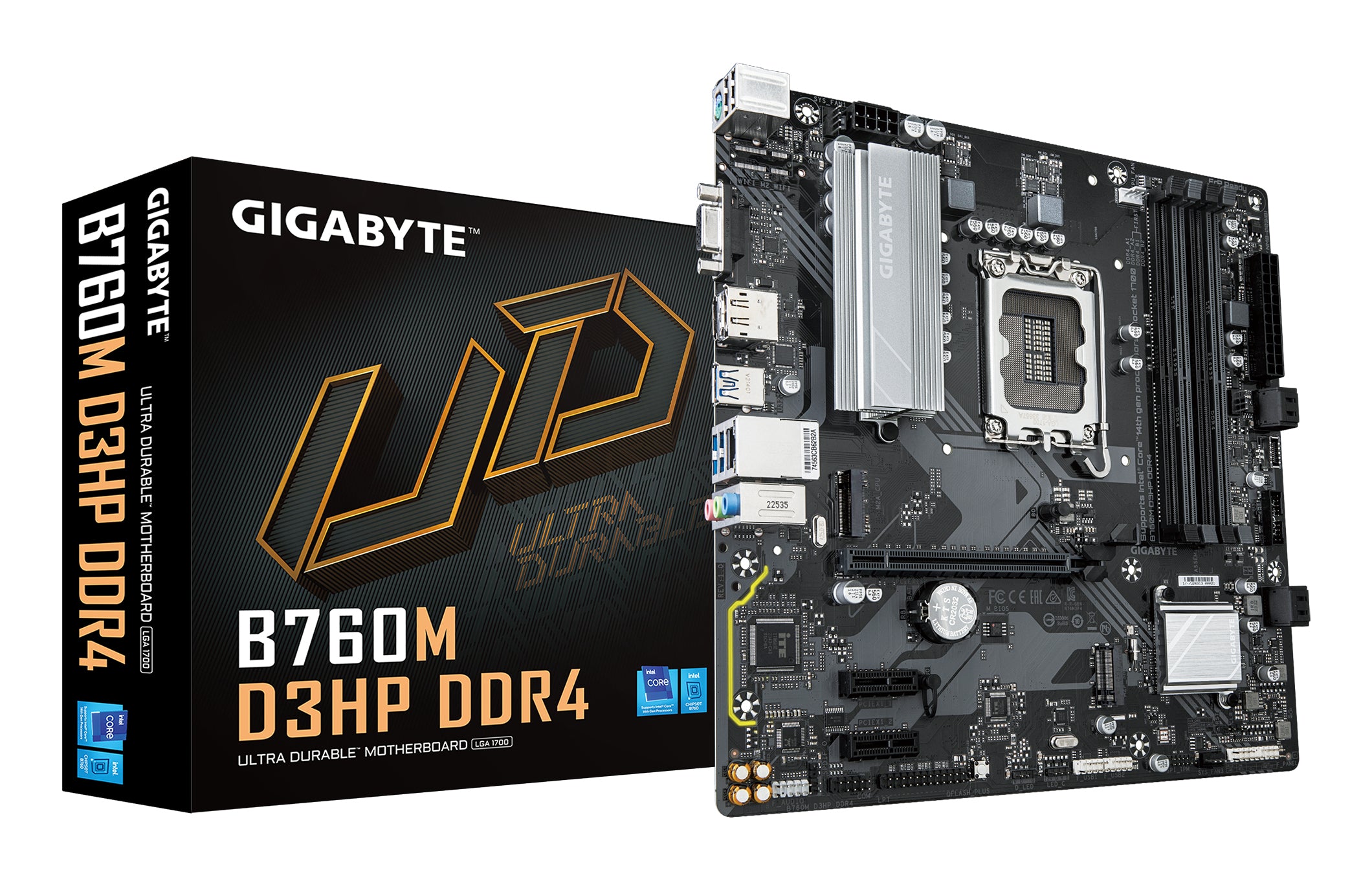 GIGABYTE B760M D3HP DDR4 Carte Mère - Prend en charge les processeurs Intel Core de 14e génération, VRM numérique 4+1+1 phases, jusqu'à 5333MHz DDR4 (OC), 2xPCIe 4.0 M.2, LAN GbE, USB 3.2 Gen1