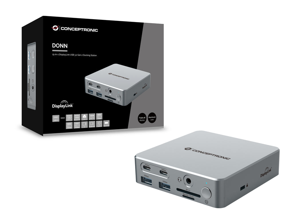 Conceptronic DONN25G Station d'accueil USB 3.2 Gen 2 Type-C, 4K Ultra HD, Argent