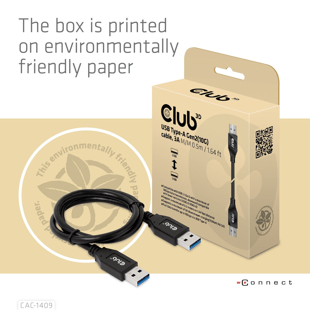 CLUB3D CAC-1409 câble USB USB 3.2 Gen 2 (3.1 Gen 2) 0,5 m USB A 10 Gbit/s 15 W Noir