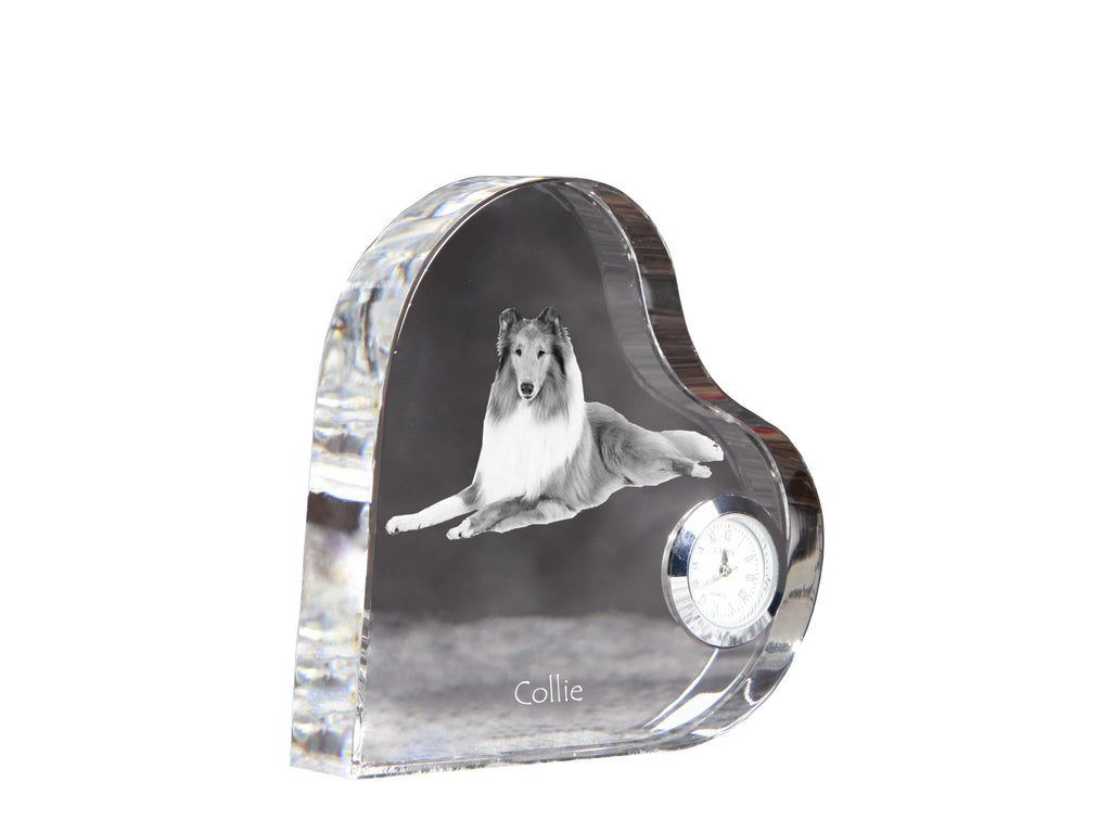 Collie Rough, Long-Haired Collie - crystal clock with a dog picture, heart-shaped shelf clock, personalized standing clock by Art-Dog brand