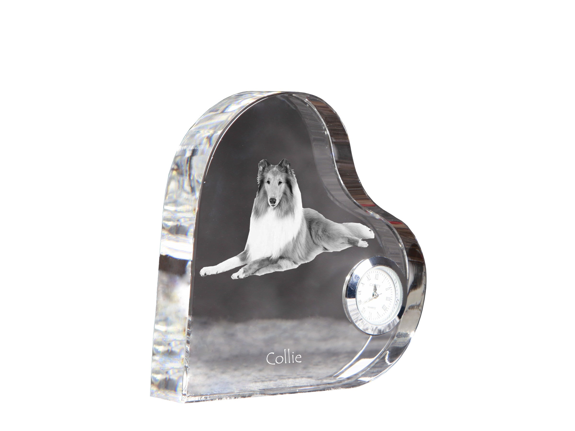 Collie Rough, Long-Haired Collie - crystal clock with a dog picture, heart-shaped shelf clock, personalized standing clock by Art-Dog brand