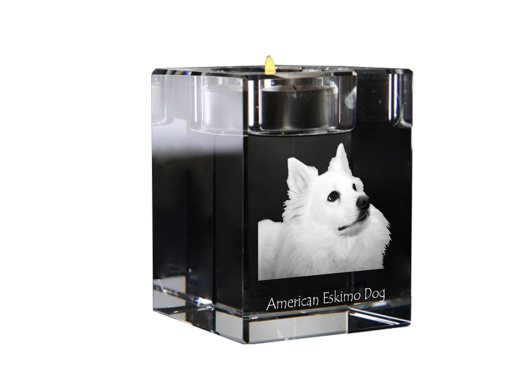 American Eskimo Dog, American Spitz - Candle holder with dog photo, crystal tealight holder, personalised gift by Art-Dog brand