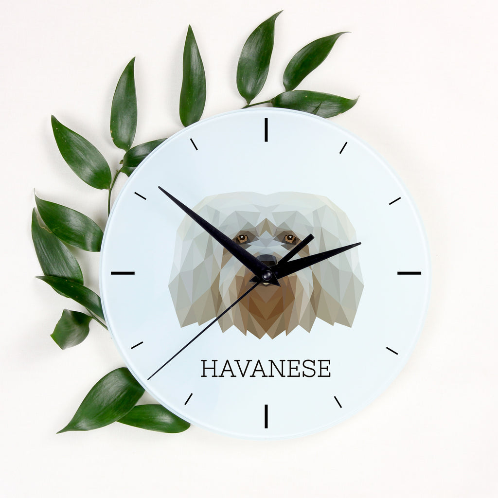 Havanese, Havanese Cuban Bichon, Bichón Havanés - geometric wall clock with a picture and the brand name Art-Dog