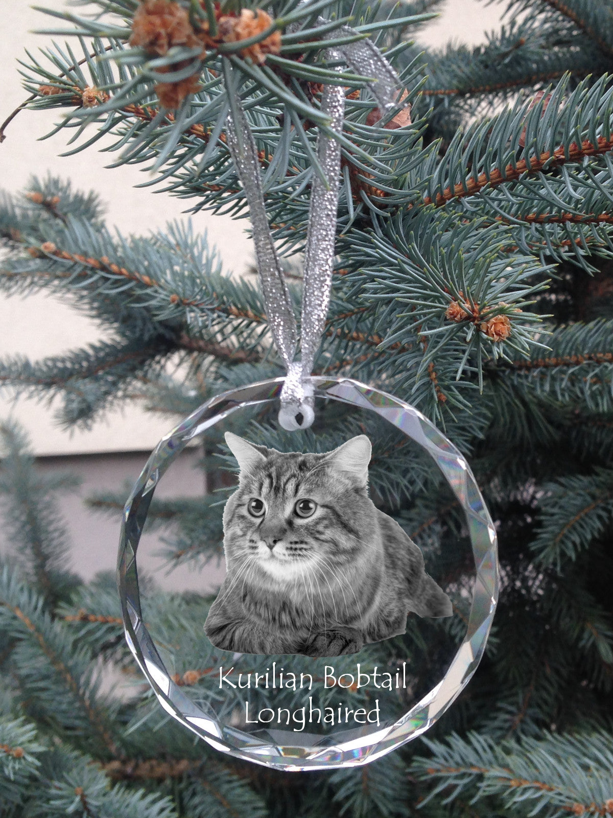 Kurilian bobtail longhaired - crystal bauble with a photo, photo of a cat in crystal, personalized Christmas tree ornament by Art-Dog brand