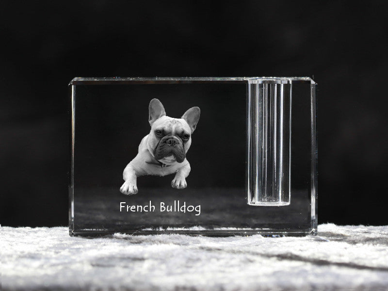 French Bulldog, Frenchie - Pen stand, crystal organiser with dog photo, unique desk decoration by Art-Dog brand