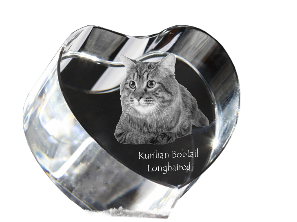 Kurilian bobtail longhaired - crystal clock with a picture of a cat, heart-shaped shelf clock, personalized standing clock by Art-Dog brand