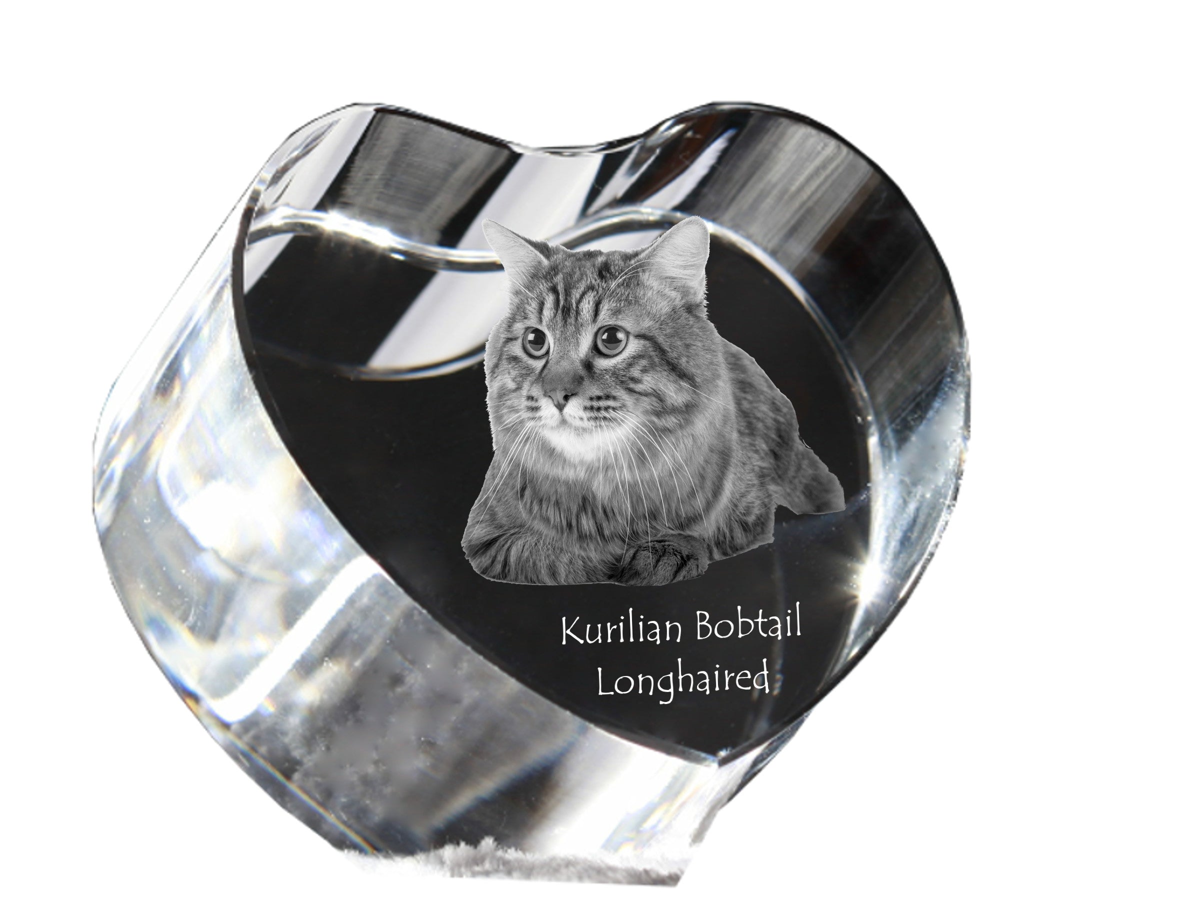 Kurilian bobtail longhaired - crystal clock with a picture of a cat, heart-shaped shelf clock, personalized standing clock by Art-Dog brand