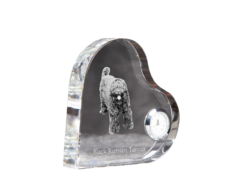 Black Russian Terrier, Chornyi Terrier - crystal clock with a dog picture, heart-shaped shelf clock, personalized standing clock by Art-Dog brand