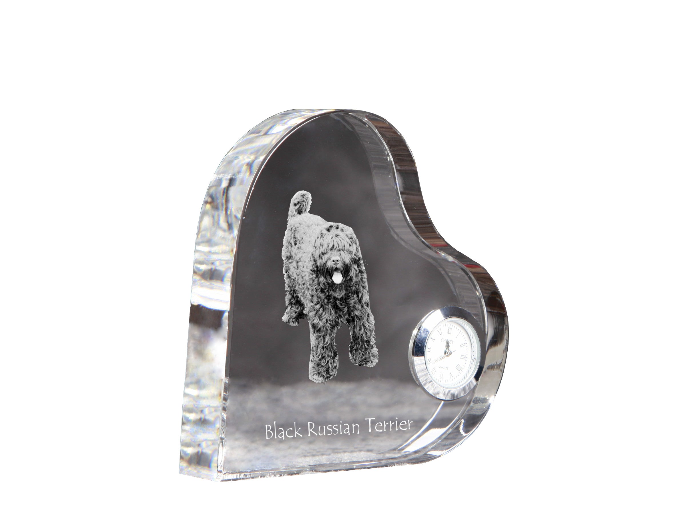 Black Russian Terrier, Chornyi Terrier - crystal clock with a dog picture, heart-shaped shelf clock, personalized standing clock by Art-Dog brand