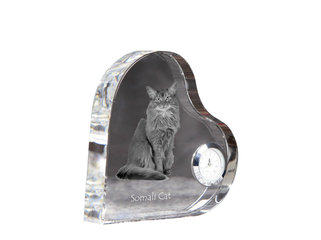Somali - crystal clock with a picture of a cat, heart-shaped shelf clock, personalized standing clock by Art-Dog brand