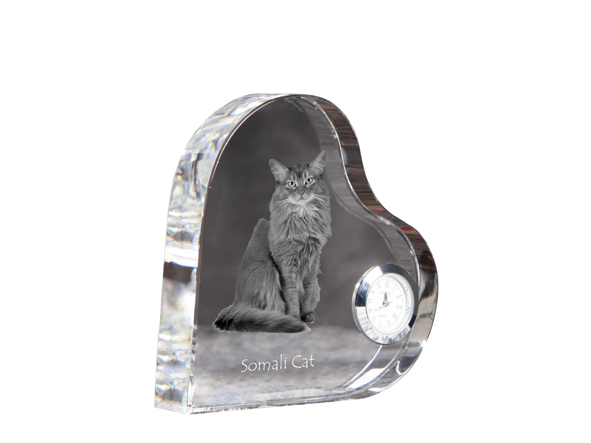 Somali - crystal clock with a picture of a cat, heart-shaped shelf clock, personalized standing clock by Art-Dog brand