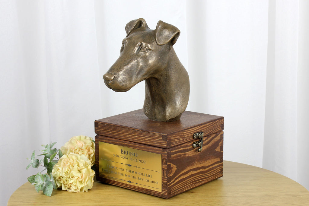 Fox Terrier Smooth - urn for dog ashes with a statuette, small urn for a dog, personalized urn with a bust of a dog by Art-Dog brand