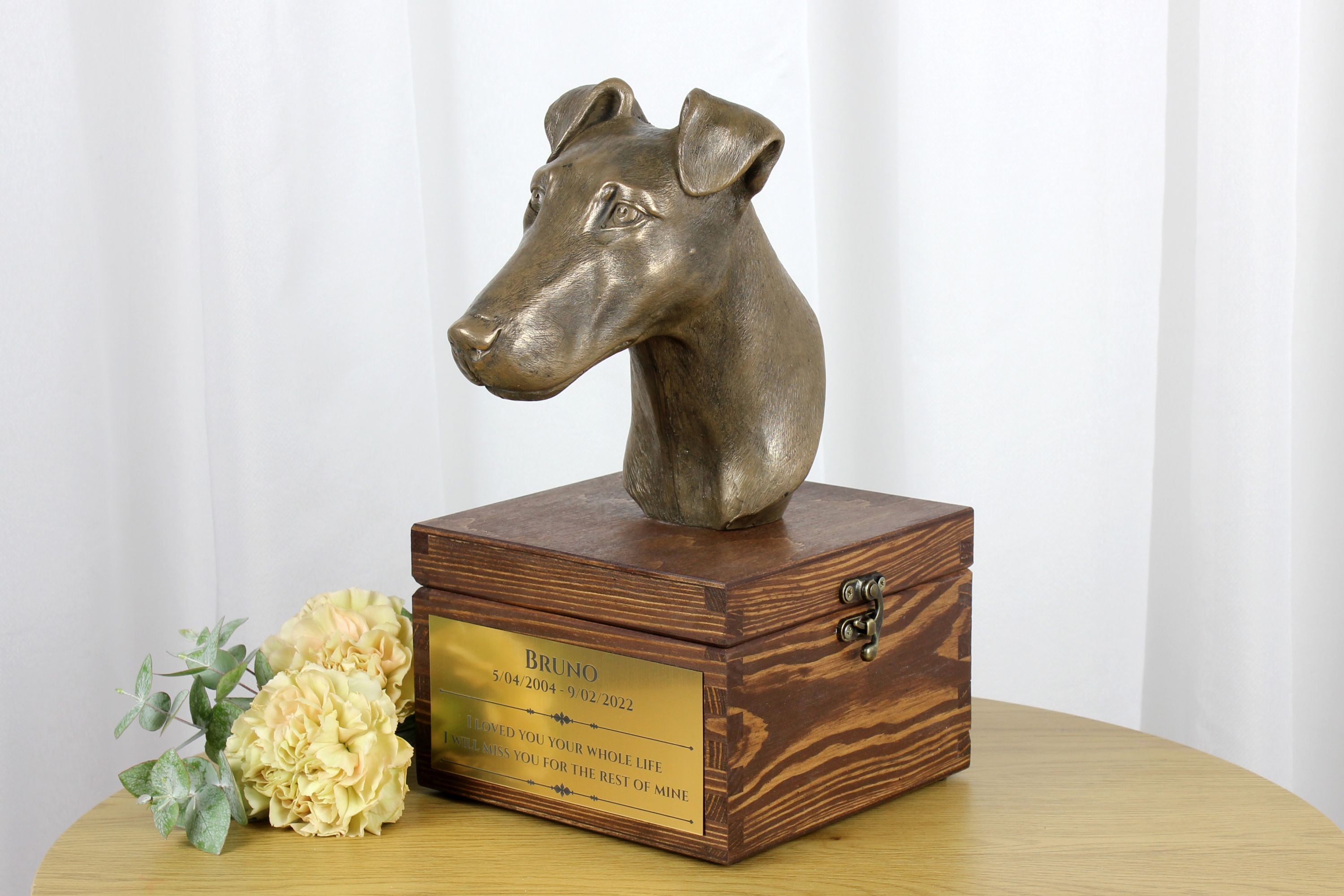 Fox Terrier Smooth - urn for dog ashes with a statuette, small urn for a dog, personalized urn with a bust of a dog by Art-Dog brand