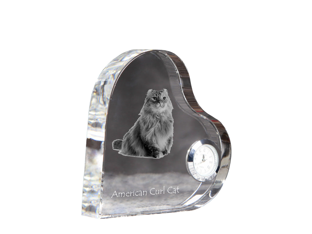 American Curl - crystal clock with a picture of a cat, heart-shaped shelf clock, personalized standing clock by Art-Dog brand