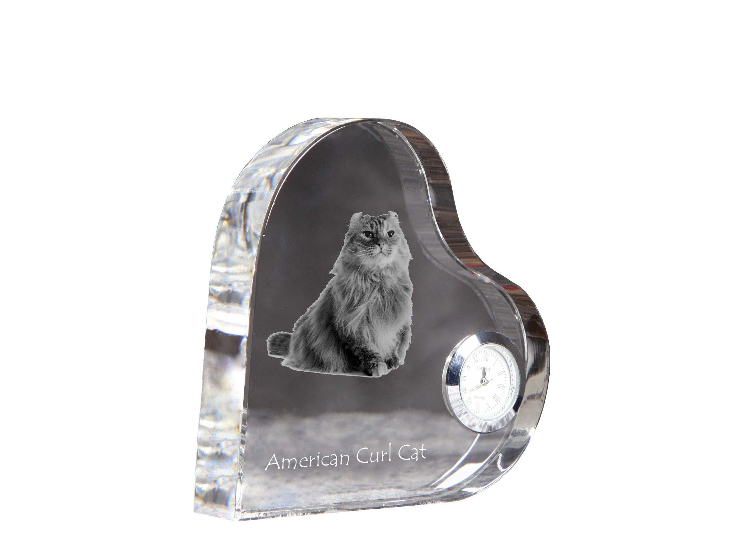 American Curl - crystal clock with a picture of a cat, heart-shaped shelf clock, personalized standing clock by Art-Dog brand
