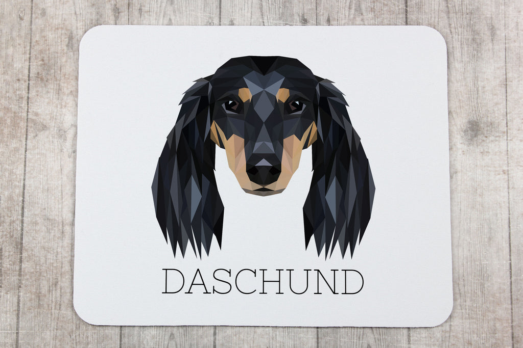 Dachshund Long-haired, Wiener dog, Badger dog - geometric mouse pad with a picture and text by Art-Dog