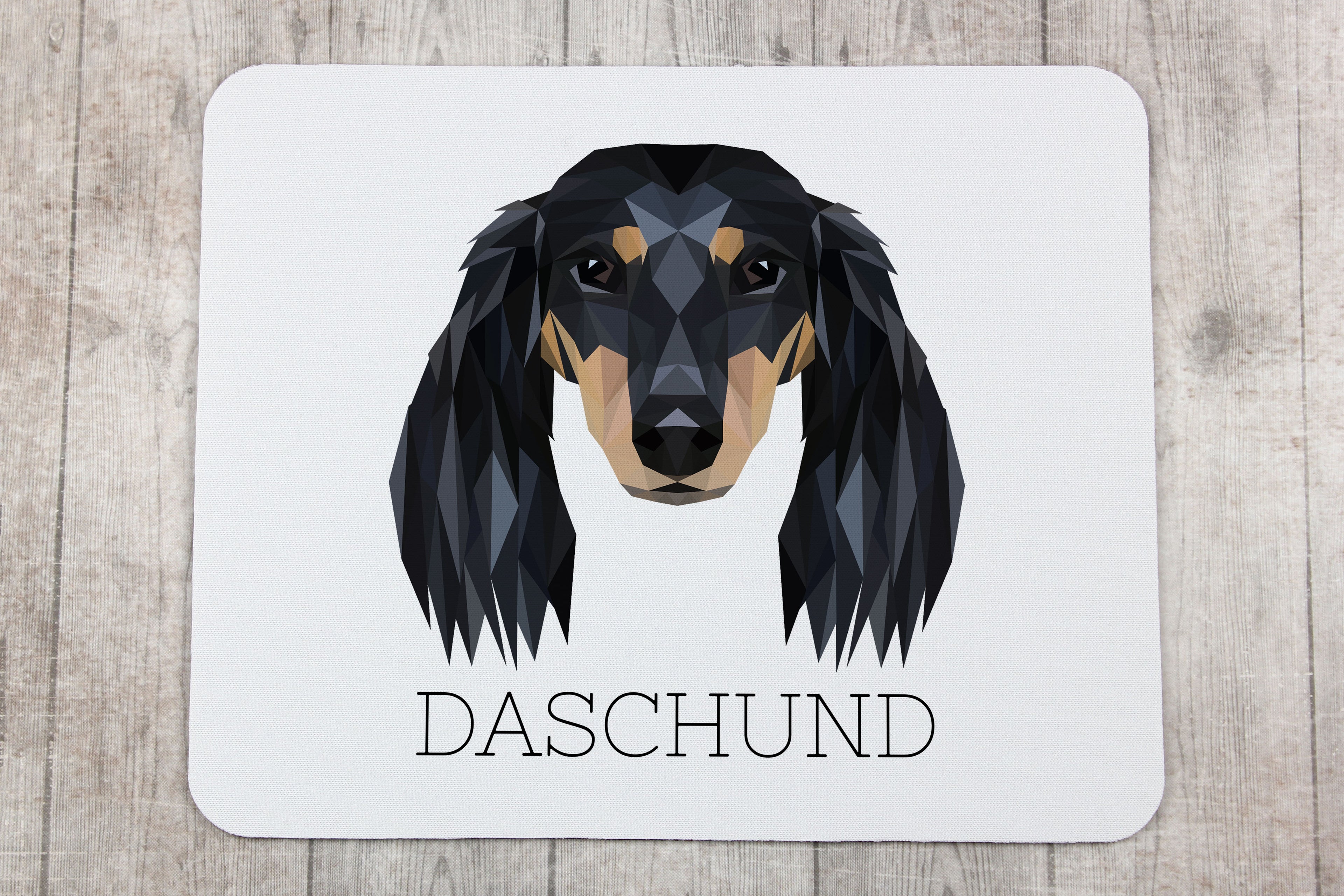 Dachshund Long-haired, Wiener dog, Badger dog - geometric mouse pad with a picture and text by Art-Dog