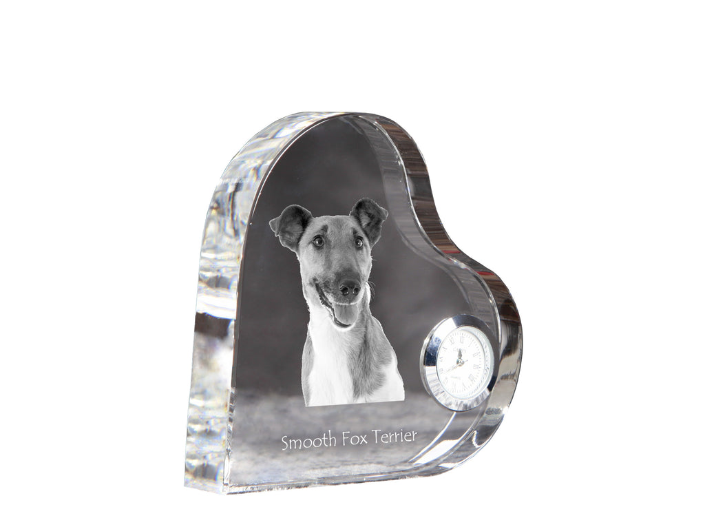 Fox Terrier Smooth - crystal clock with a dog picture, heart-shaped shelf clock, personalized standing clock by Art-Dog brand