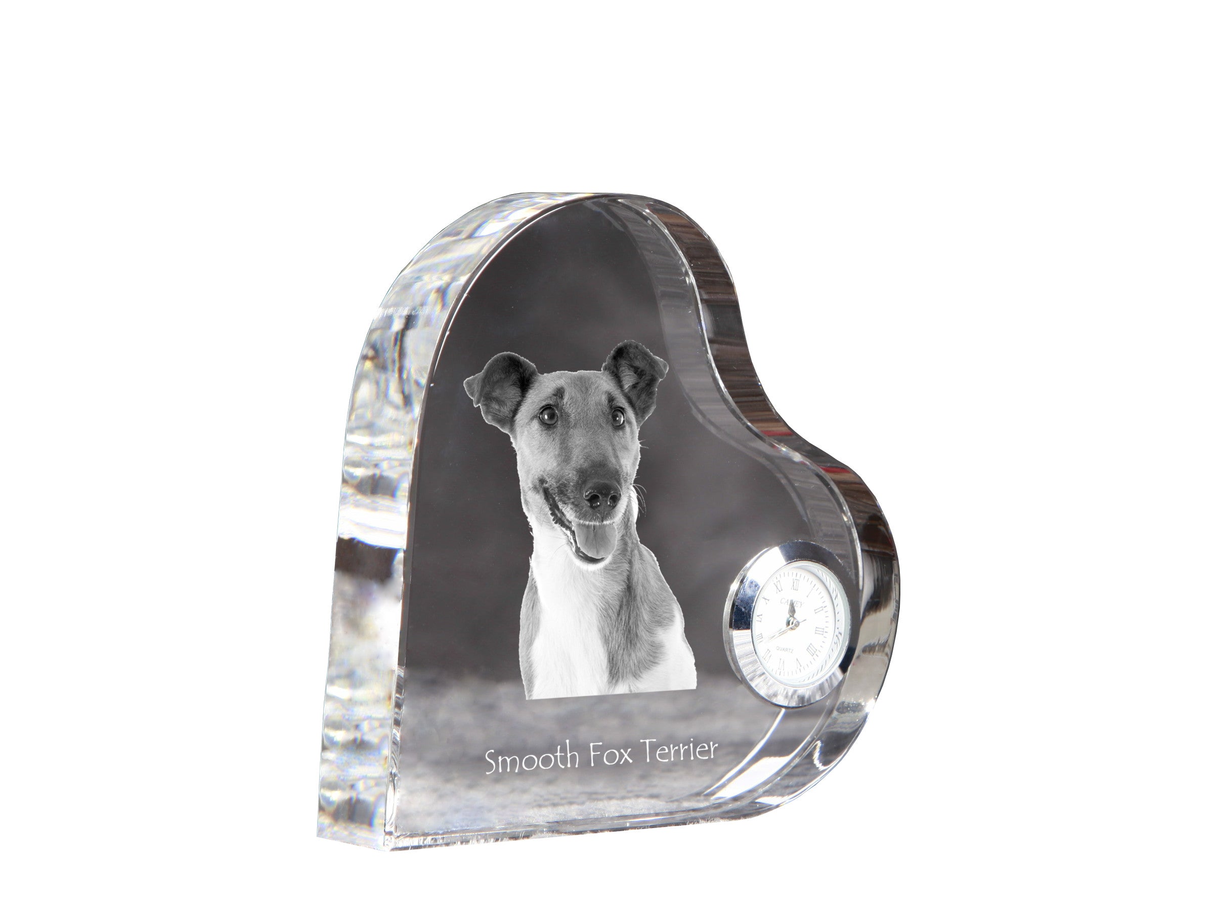 Fox Terrier Smooth - crystal clock with a dog picture, heart-shaped shelf clock, personalized standing clock by Art-Dog brand
