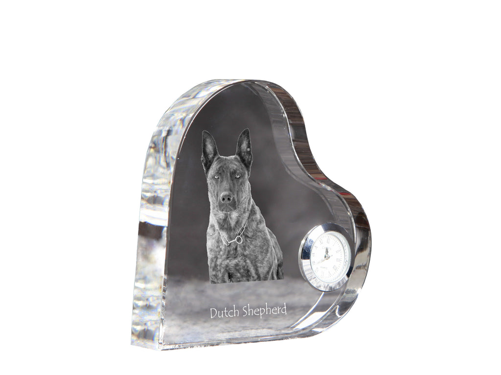 Dutch Shepherd Dog, Dutch Herder - crystal clock with a dog picture, heart-shaped shelf clock, personalized standing clock by Art-Dog brand