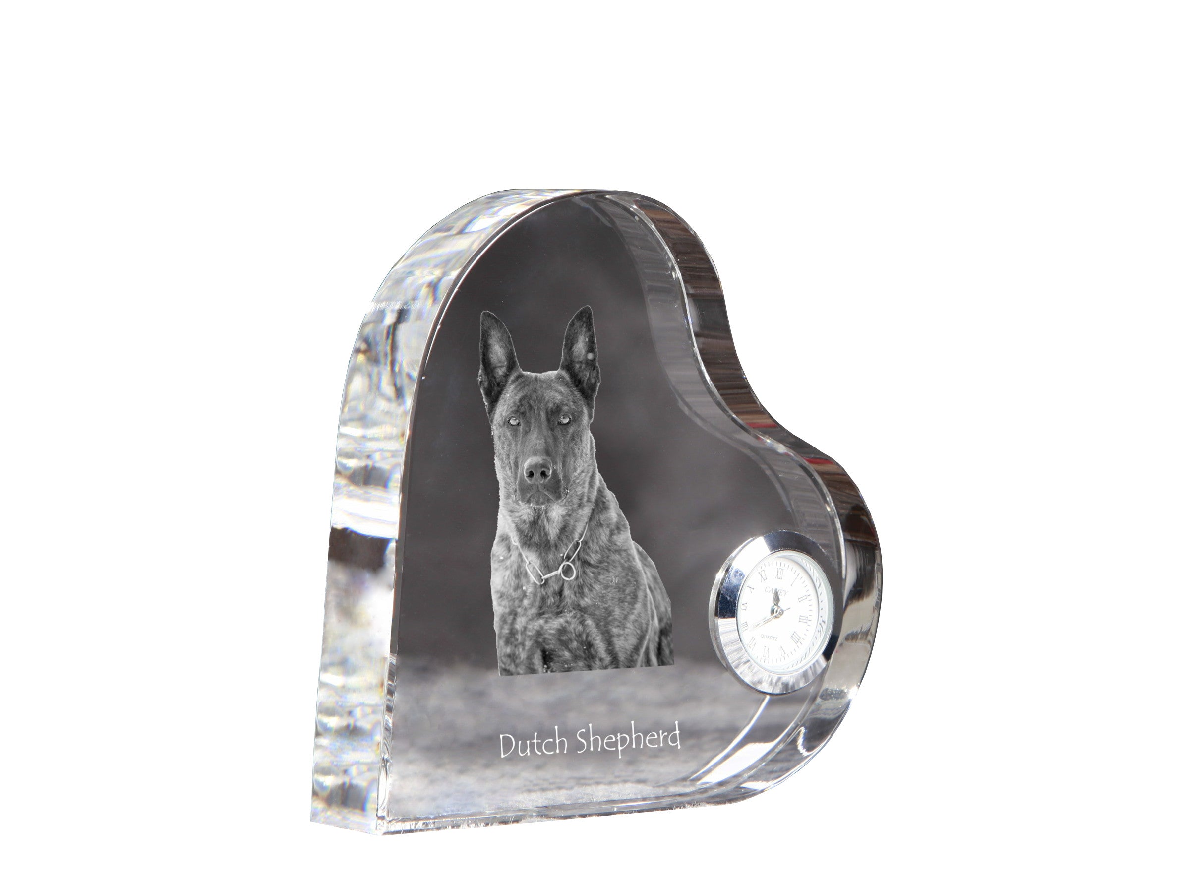 Dutch Shepherd Dog, Dutch Herder - crystal clock with a dog picture, heart-shaped shelf clock, personalized standing clock by Art-Dog brand