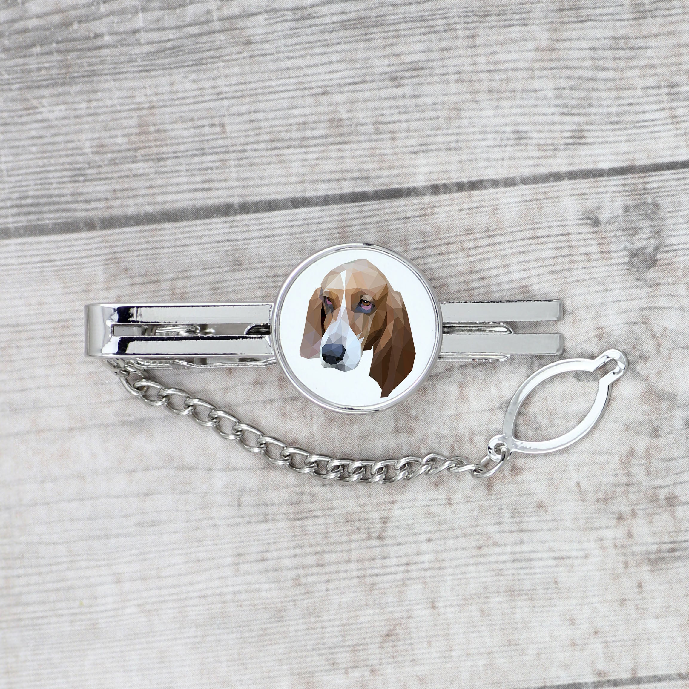 Basset Hound - geometric tie clip with a picture and inscription from Art-Dog