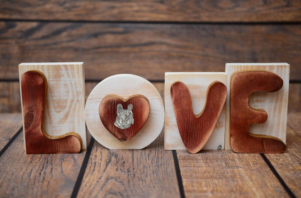 French Bulldog, Frenchie I - wooden LOVE sign, interior decoration with a dog, charming ornament for the shelf by Art-Dog brand