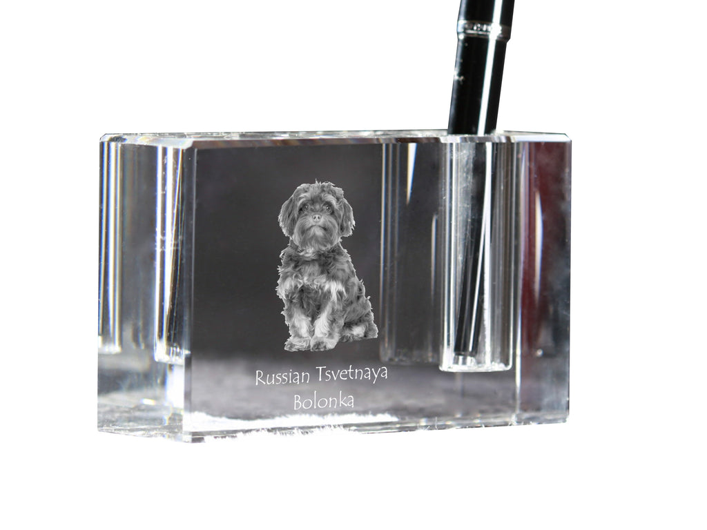 Bolonka, Russian Tsvetnaya Bolonka - Pen stand, crystal organiser with dog photo, unique desk decoration by Art-Dog brand