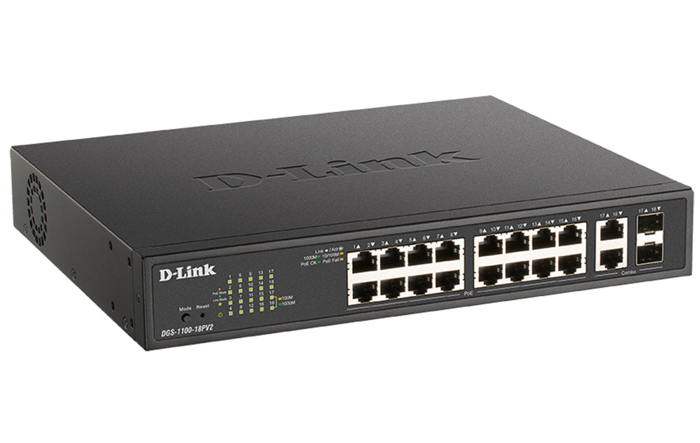 D-Link DGS-1100-18PV2 Commutateur Réseau Géré L2 Gigabit Ethernet PoE 1U Noir