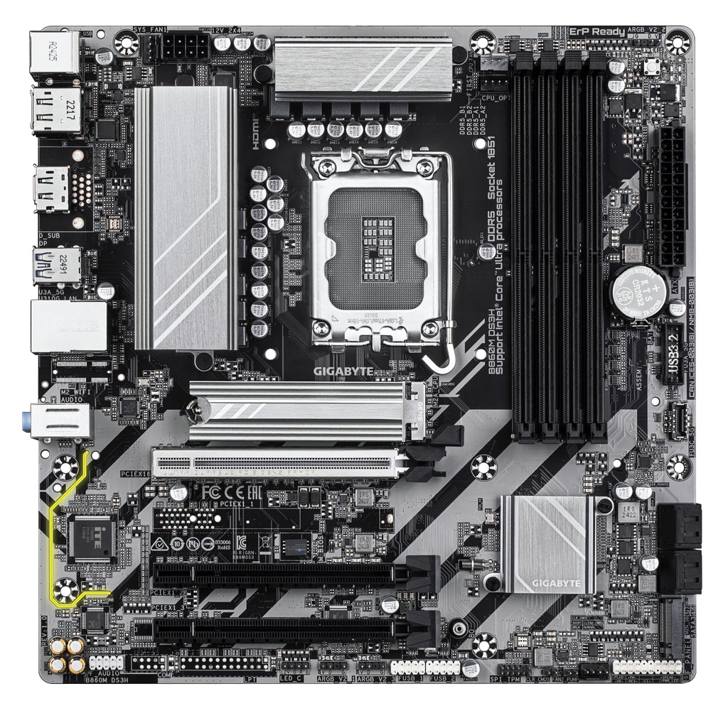 GIGABYTE B860M DS3H Carte mère - Processeurs Intel Core Ultra, VRM 5+1+2+1 phases, jusqu'à 9066MHz DDR5, 1xPCIe 5.0 + 1xPCIe 4.0 M.2, LAN 2,5 GbE, USB 3.2 Gen 2