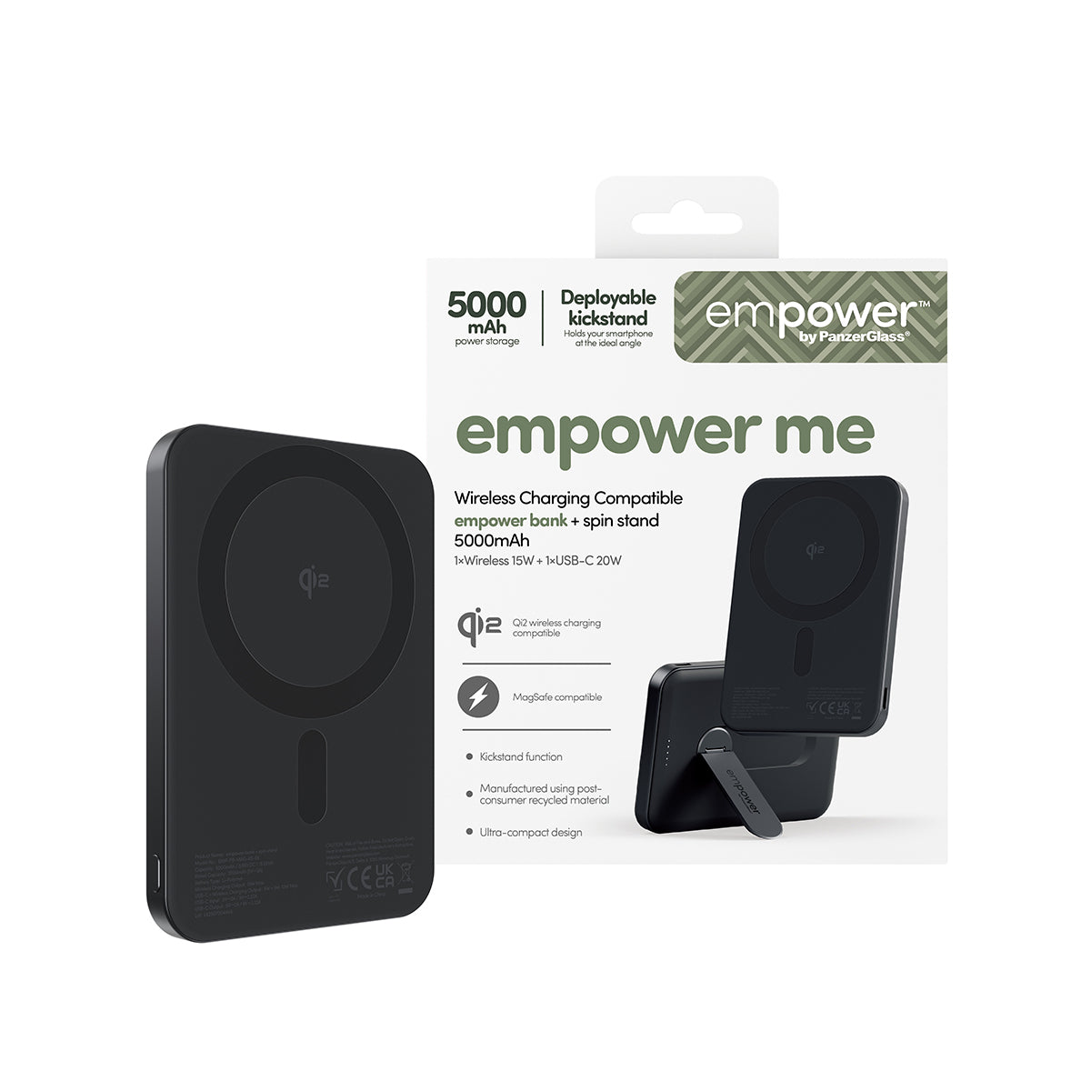 PanzerGlass empower™ by ® empower™ Bank w. Spin Stand | 5000mAh | Space Black Noir