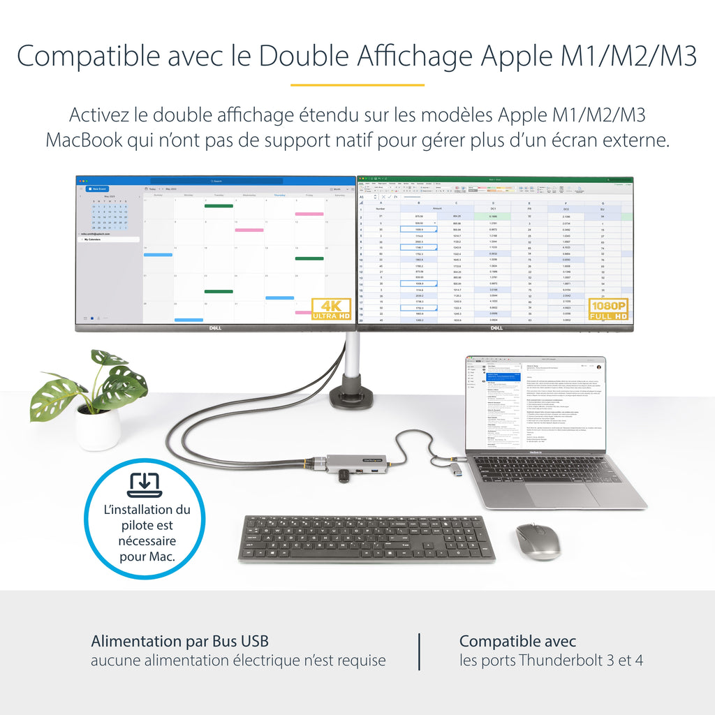 StarTech.com Adaptateur Multiport USB-C et USB-A, Double HDMI 4K30Hz/1080p60Hz, 3x USB-A 5Gbps, Station d'Accueil de Voy