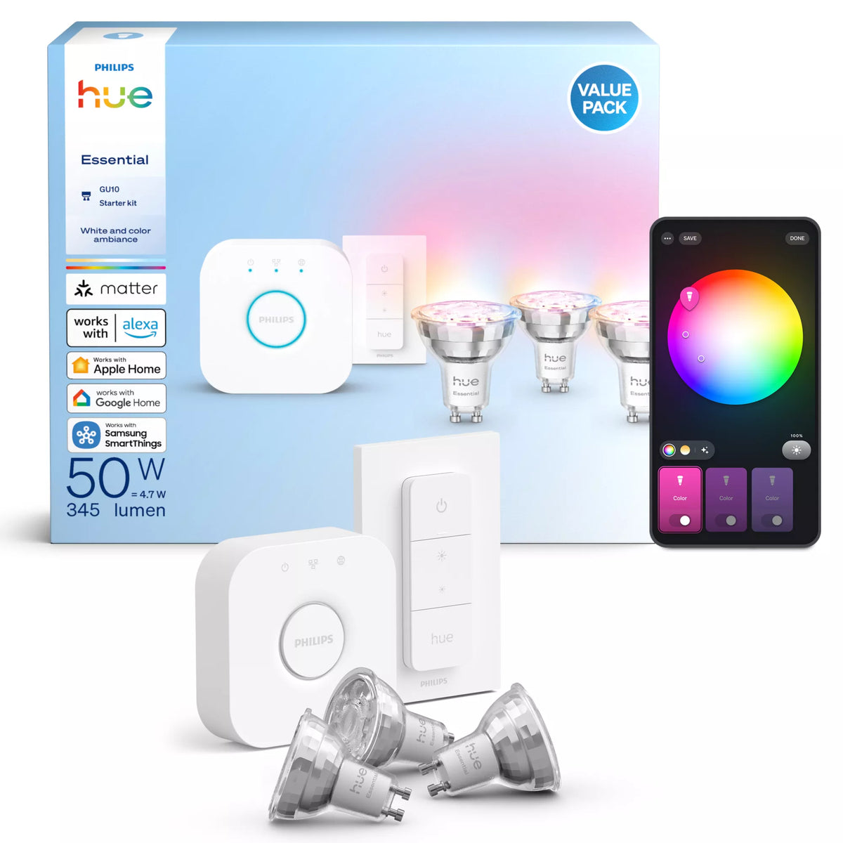 Philips Hue White and Color ambiance Kit de démarrage Essential : 3 ampoules connectées GU10 (345 lm) + variateur - vue 3