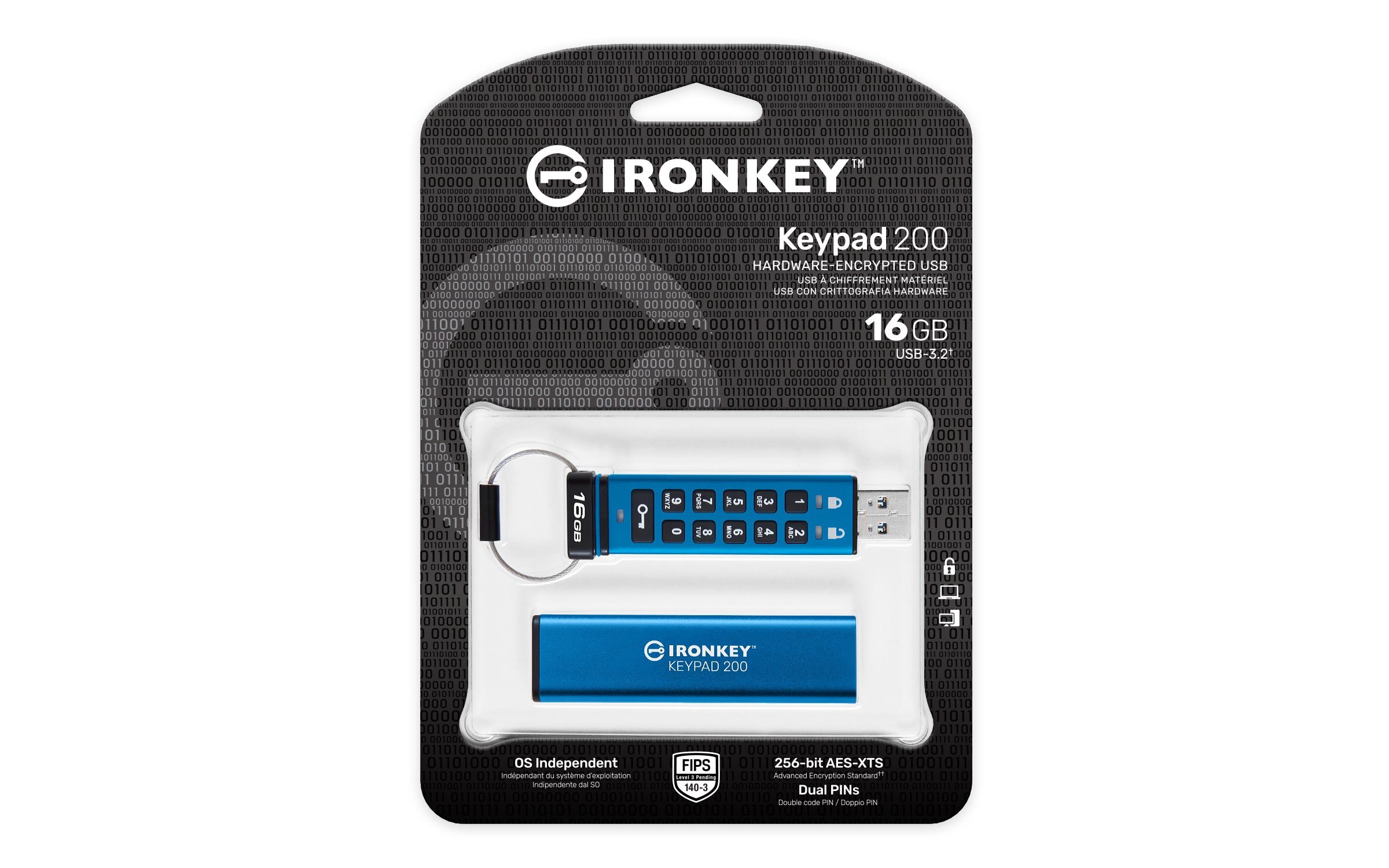 Kingston Technology IronKey Keypad 200 de 16 Go, FIPS 140-3 niveau 3 (en attente), chiffrement AES-256